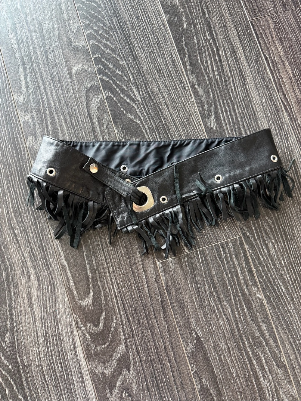 Black Fringe Leather Hip Belt with Grommet Detail
